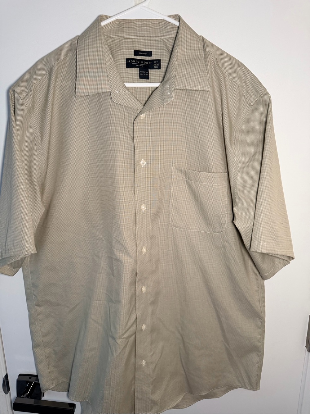 Pronto Uomo Men’s 17.5 Tall Non Iron Short Sleeve Dress Shirt Tan Cotton